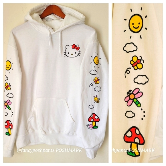 Sanrio Hello Kitty Tops - HK Unisex rare detail hoodie white Hello Kitty oversized relaxed fit sweatshirt